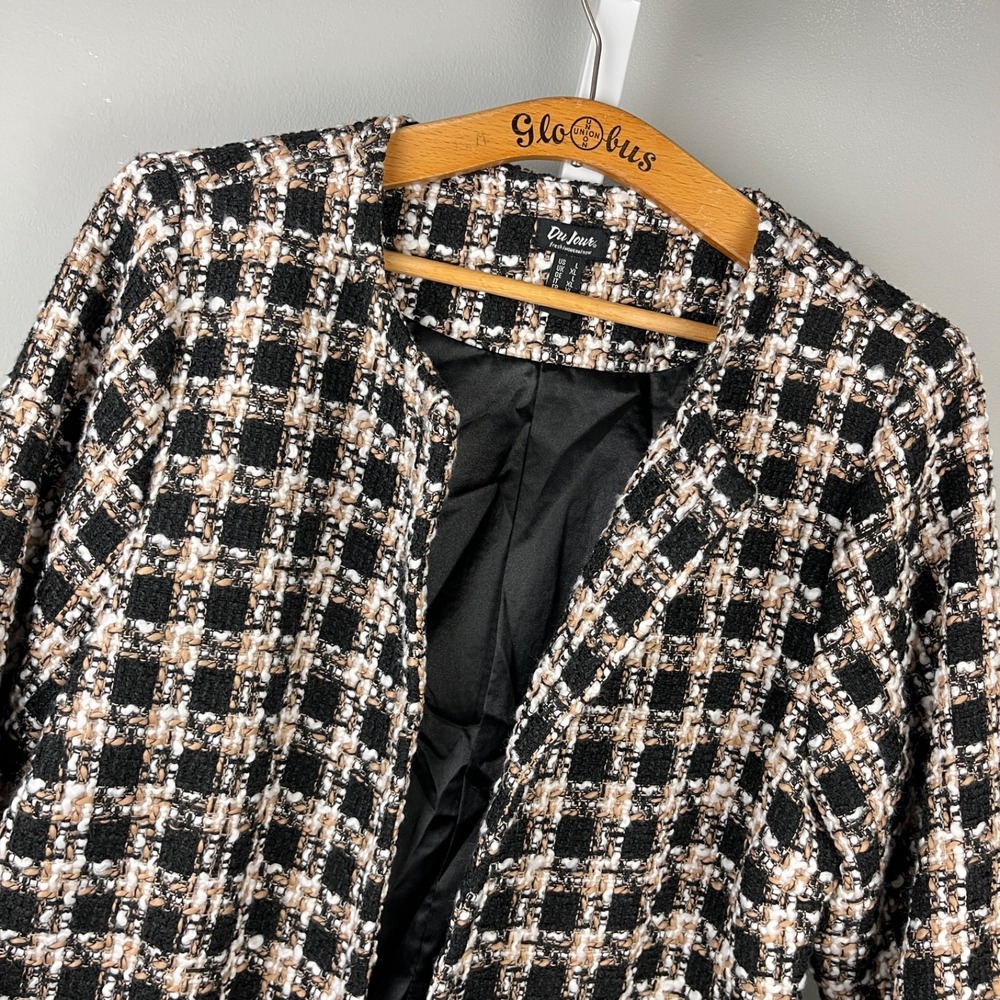 Du Jour Tweed Blazer Jacket Womens L Black White Tan Plaid Old Money Classic